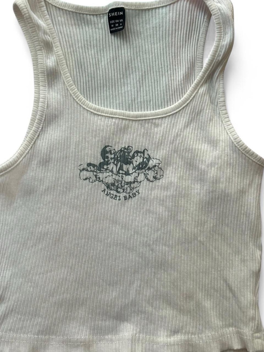 SHEIN White Ribbed Tank Top with Angel Graphic